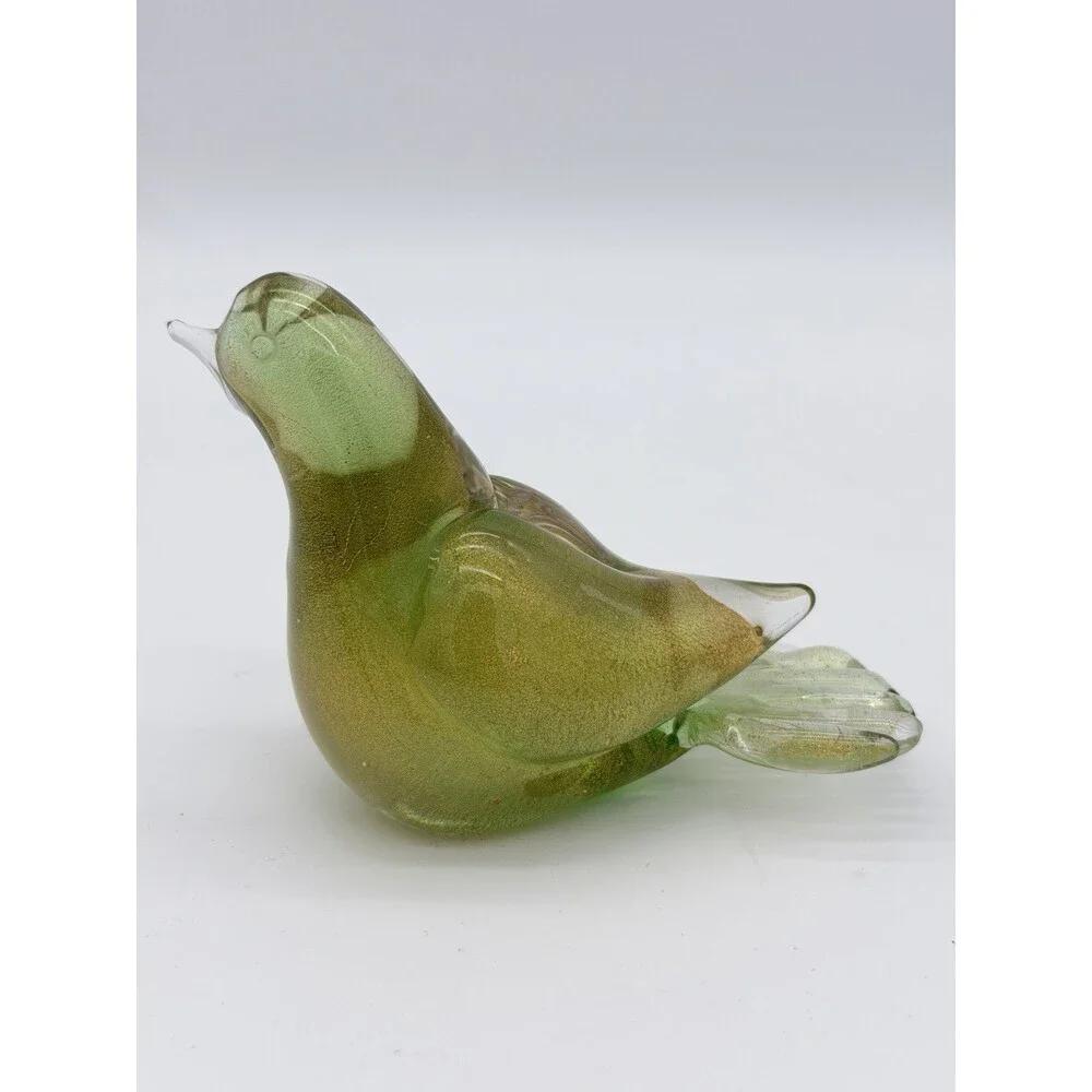 Formia Murano Italy Art Glass Green & Gold Flecked Bird Hand Blown Figurine